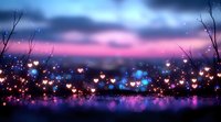 Dreamy bokeh hearts glowing over calm water reflection against purple twilight sky and bare branches, creating romantic atmospheric background.