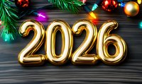 Golden metallic balloon numbers 2026 with colorful Christmas lights and pine branches on dark wooden background for holiday celebration and greeting cards.