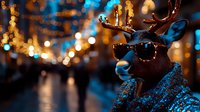 Festive reindeer decoration wearing sunglasses against blurred holiday lights background creating magical Christmas atmosphere with blue and golden bokeh effect.