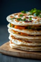 Stack of homemade flatbread with vegetables and herbs on wooden board, traditional Middle Eastern cuisine for restaurant menu and cooking blogs.