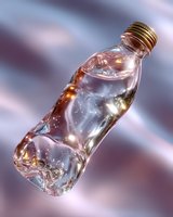 Transparent plastic bottle with water and golden cap floating in space with light reflections and bokeh effects on blurred purple background.