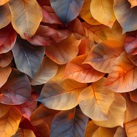 Colorful autumn leaves in orange, burgundy and blue create natural pattern. Detailed leaf veins and overlapping foliage form seamless seasonal background.