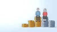 Senior couple sitting on stacks of coins representing retirement savings and financial planning for elderly people on white background.