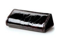Glossy dark brown patent leather eyewear case with stitched edges on white background, isolated luxury accessory for sunglasses and optical frames storage.