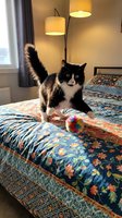 Playful black and white tuxedo cat standing on a floral bedspread with a colorful toy ball in a cozy sunlit bedroom.