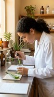 Young female scientist with dark curly hair and medium skin tone conducting botanical research, extracting aloe vera gel in laboratory setting with plants and bottles on shelves behind her.