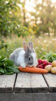 Adorable gray and white baby rabbit sitting with fresh organic vegetables including carrots, radishes and potatoes on rustic wooden table in sunny garden.