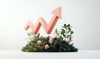 Pink upward trending arrow emerging from decorative green foliage and tiny flowers against white background, representing sustainable business growth and success.