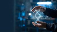 Businessman hands protecting glowing DNA helix hologram in futuristic laboratory environment with digital particles and blue lighting effects.