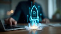 Glowing blue neon rocket launching from laptop keyboard with smoke effect, business person working in background on startup project concept.
