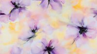 Delicate purple and pink flowers with dark centers on soft yellow watercolor background create dreamy floral pattern for fabric, wallpaper and surface design.