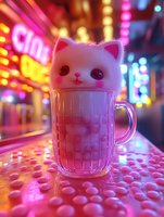 Cute white kitten-shaped foam art on pink bubble tea in glass mug against vibrant neon city lights background, creating dreamy aesthetic atmosphere.