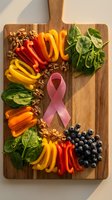Healthy food arrangement on wooden cutting board with pink awareness ribbon, colorful bell peppers, fresh spinach, walnuts and blueberries for nutrition.