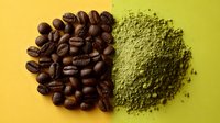 Roasted coffee beans and matcha green tea powder on vibrant yellow background, contrasting caffeine sources for beverage preparation.