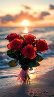 Red roses bouquet on beach at sunset with ocean waves and golden sun reflection. Romantic floral arrangement creates dreamy atmosphere for Valentine's Day or wedding proposals.