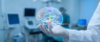 Medical professional holding holographic brain model with colorful neural networks in modern hospital setting for healthcare technology concepts.