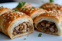 Flaky puff pastry rolls filled with savory mushroom and chicken mixture, topped with sesame seeds and fresh herbs, served on white plate.