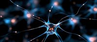 Neural network with glowing blue and orange connections on dark background showing synaptic activity and brain cell communication in medical science.