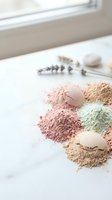 Natural clay face mask powders in earthy tones scattered on white marble surface with lavender sprigs and wooden spoon for spa skincare routine.