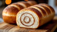 Fresh baked cinnamon swirl bread loaf sliced on wooden cutting board showing spiral pattern perfect for bakery menu breakfast recipes cooking blogs.