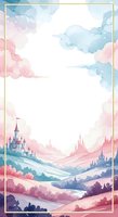 Watercolor fantasy landscape with pastel pink and blue clouds, fairy tale castle, rolling hills and golden frame border for dreamy design projects.