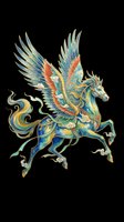 Ornate winged horse in teal, gold, and red tones with flowing mane, isolated on transparent background. Great for t-shirts, stickers, and print on demand.