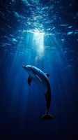 Majestic dolphin swimming in deep blue ocean waters illuminated by dramatic sunbeams streaming through surface, creating ethereal underwater atmosphere.