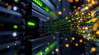Network server room with glowing green data streams and golden light particles flowing through fiber optic cables, representing digital data transfer and connectivity.