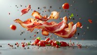 Crispy bacon strips floating in air with scattered cherry tomatoes, black peppercorns and fresh herbs against gray background, dynamic food photography.