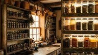 Rustic apothecary pantry with wooden shelves filled with glass jars containing herbs, spices and preserved foods in warm ambient lighting.
