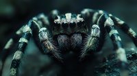 Close-up macro shot of jumping spider with detailed fuzzy legs and multiple eyes. Dark moody lighting highlights intricate textures and patterns.