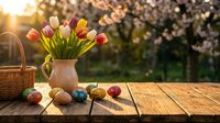 Spring tulips in ceramic vase with colorful Easter eggs on wooden table outdoors. Blooming garden background with warm sunlight for holiday decorations.