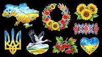 Watercolor Ukraine map with sunflowers, floral wreath, stork bird, trident symbol, strawberries, and heart shape. Isolated design elements on transparent background for t-shirts, clipart, stickers, and print-on-demand products.