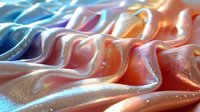 Shimmering waves of metallic fabric create abstract flowing lines and curves with iridescent pink, blue and orange hues in soft luxurious satin material.