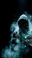 Mysterious hooded figure surrounded by glowing digital particles and smoke effects on dark background for cybersecurity and technology concepts.