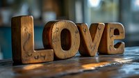 Wooden letters spelling love on surface with warm lighting and blurred background, suitable for romantic designs, greeting cards, and wedding projects.