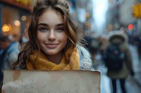 Young Caucasian woman with natural makeup and bright smile holding blank cardboard sign on busy city street, wearing yellow knit scarf and winter coat, perfect for activism or urban lifestyle blogs.