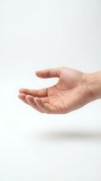 Open cupped hand gesture on white background showing palm up in protective caring position for presenting or receiving concept.