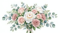 Elegant bridal bouquet with soft pink roses, white peonies and eucalyptus leaves on transparent background for wedding invitations and romantic designs.