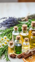 Essential oils in glass bottles with cork stoppers surrounded by lavender, chamomile, rosemary and cinnamon spices for aromatherapy and natural wellness.