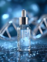 Glass dropper bottle with transparent serum against blue DNA helix background, highlighting skincare and biotechnology innovation in cosmetic industry.
