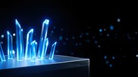 Glowing blue crystal formation on transparent platform with magical light effects and floating particles on dark background for fantasy designs.