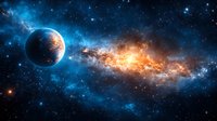 Dramatic space scene with glowing planet Earth against vibrant nebula and starfield background in deep blue and orange colors. Cosmic exploration concept.