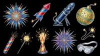 Colorful fireworks and celebration elements isolated on transparent background, ready for t-shirt design, clipart, stickers, sublimation and print-on-demand projects.