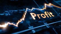 Glowing profit text with rising financial chart graph line in blue and orange colors showing business growth and success on digital display screen.