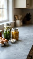 Homemade fermented vegetables in glass jars on marble kitchen counter with fresh eggs and beans for healthy gut microbiome and probiotic nutrition.