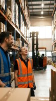 Happy warehouse workers in safety vests laughing together among storage shelves with forklift in industrial distribution center for teamwork concepts.