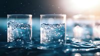 Crystal clear glasses filled with sparkling water and rising bubbles against blurred aqua background, creating refreshing and pure atmosphere with bokeh light effects.