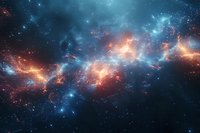 Cosmic nebula with vibrant blue and orange colors swirling through deep space, creating dramatic celestial formations against starry background. Suitable for astronomy themes.