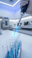 Laboratory scientist using pipette to transfer blue chemical solution into test tubes in modern research facility for medical analysis and experiments.